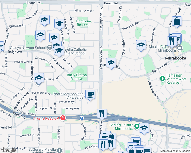 map of restaurants, bars, coffee shops, grocery stores, and more near 10 Keemore Way in Balga