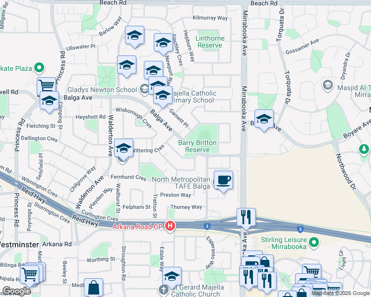map of restaurants, bars, coffee shops, grocery stores, and more near 138 Balga Avenue in Balga