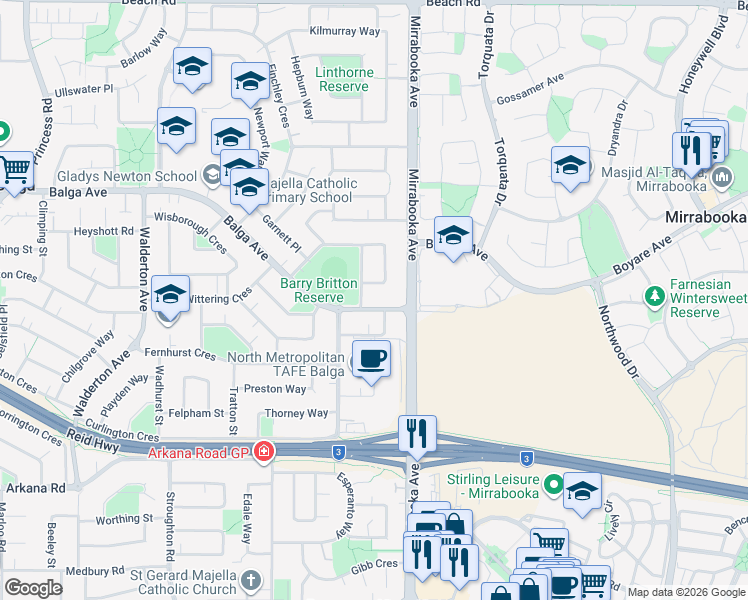 map of restaurants, bars, coffee shops, grocery stores, and more near 175 Balga Avenue in Balga