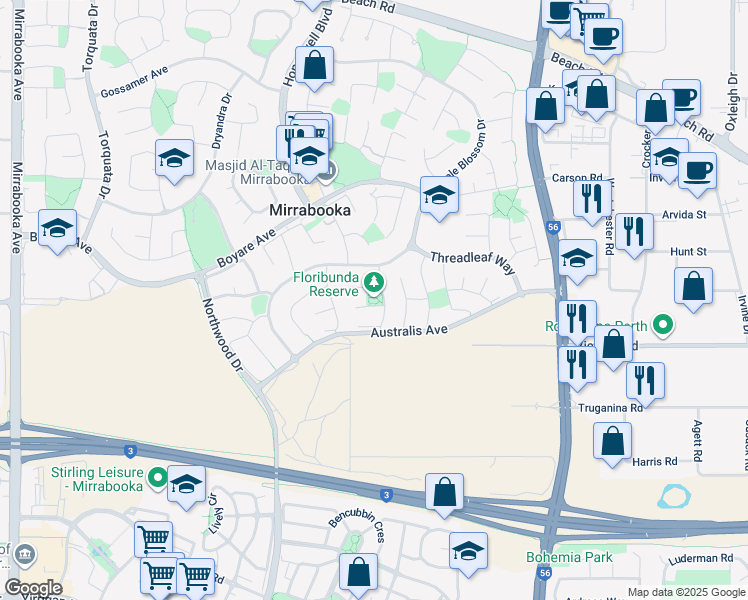 map of restaurants, bars, coffee shops, grocery stores, and more near 3 Boskoop Place in Mirrabooka