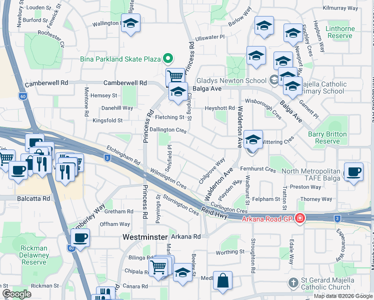 map of restaurants, bars, coffee shops, grocery stores, and more near 18 Selhurst Way in Balga