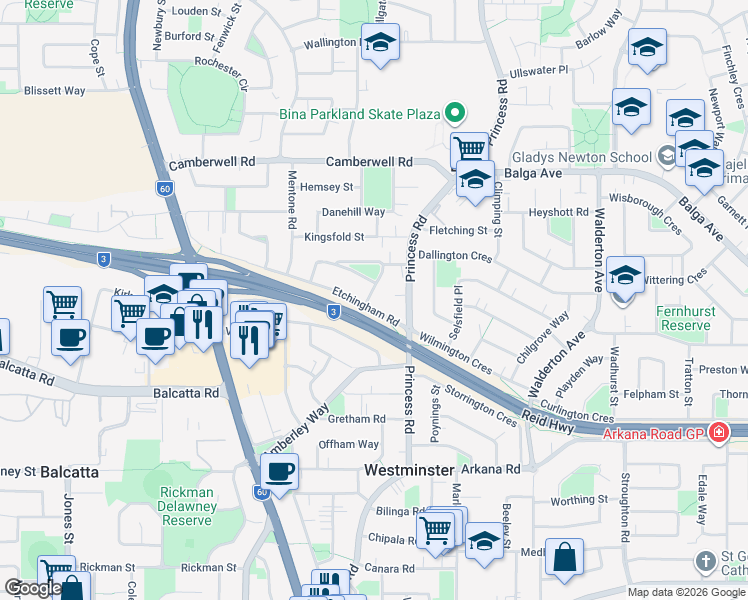 map of restaurants, bars, coffee shops, grocery stores, and more near 2A Lavant Way in Balga