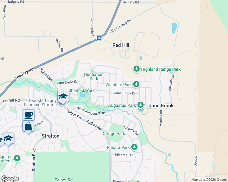 map of restaurants, bars, coffee shops, grocery stores, and more near 69 Jane Brook Drive in Jane Brook