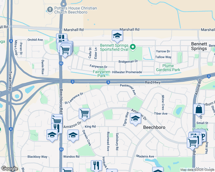 map of restaurants, bars, coffee shops, grocery stores, and more near 0 Elbe Court in Beechboro