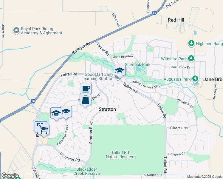 map of restaurants, bars, coffee shops, grocery stores, and more near 27 Oldenburg Pass in Stratton
