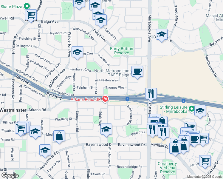 map of restaurants, bars, coffee shops, grocery stores, and more near 26 Thorney Way in Balga