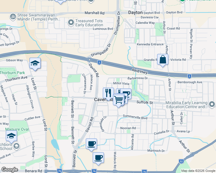 map of restaurants, bars, coffee shops, grocery stores, and more near 22 Barbarossa Drive in Caversham