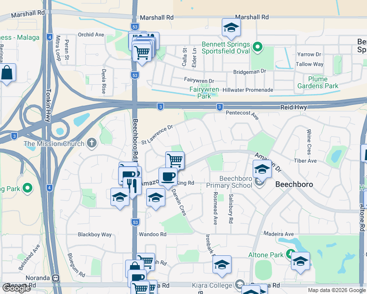 map of restaurants, bars, coffee shops, grocery stores, and more near 17 Ribble Place in Beechboro