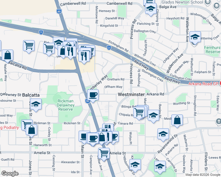 map of restaurants, bars, coffee shops, grocery stores, and more near 20 Offham Way in Westminster