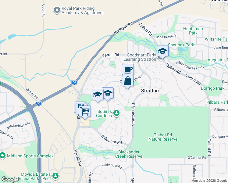 map of restaurants, bars, coffee shops, grocery stores, and more near 35 Lewis Jones Cross in Stratton