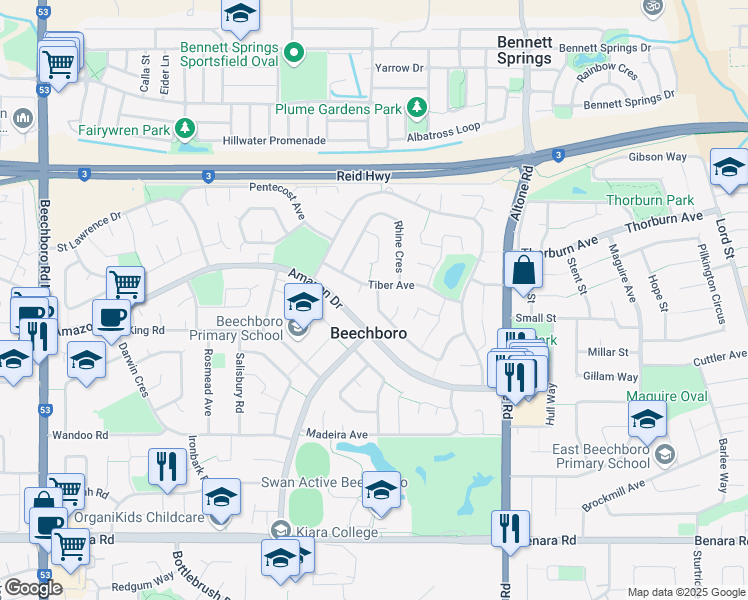 map of restaurants, bars, coffee shops, grocery stores, and more near 55 Lena Crescent in Beechboro