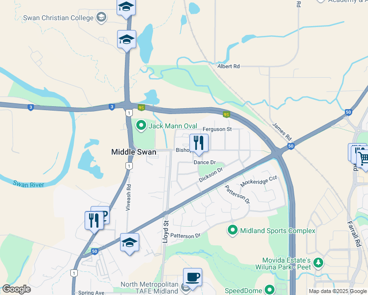 map of restaurants, bars, coffee shops, grocery stores, and more near 71 Bishop Road in Middle Swan