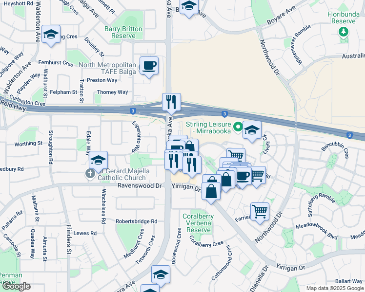map of restaurants, bars, coffee shops, grocery stores, and more near Milldale Way in Mirrabooka