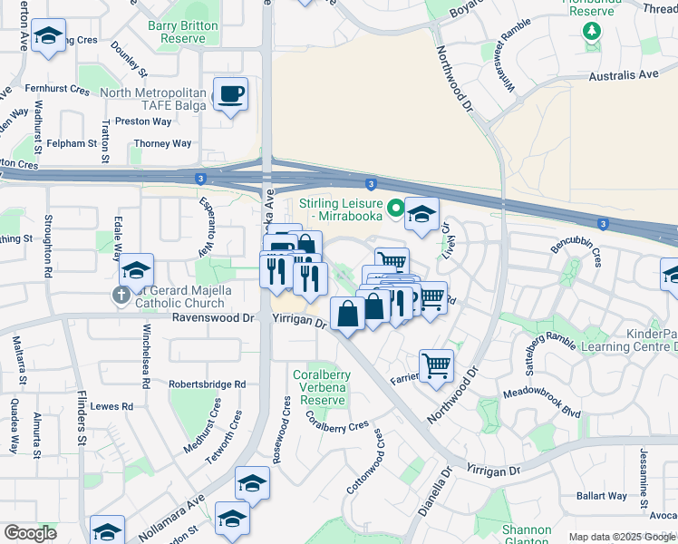 map of restaurants, bars, coffee shops, grocery stores, and more near Milldale Way in Mirrabooka