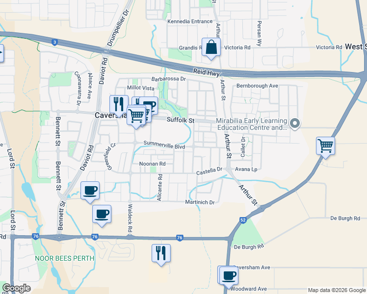 map of restaurants, bars, coffee shops, grocery stores, and more near Summerville Boulevard in Caversham