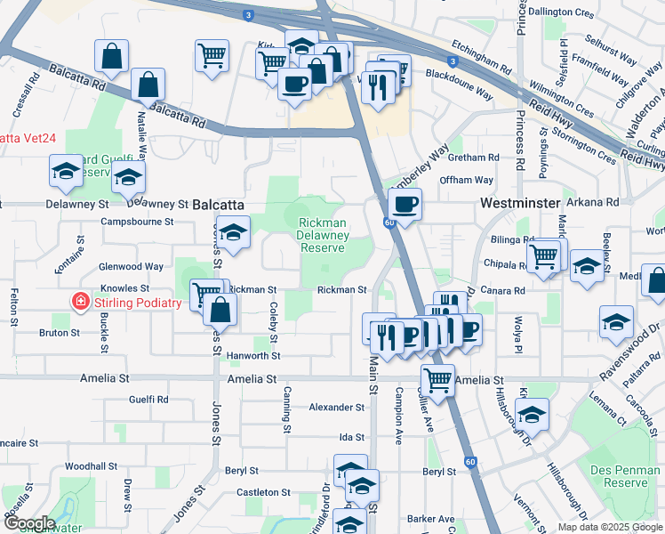 map of restaurants, bars, coffee shops, grocery stores, and more near 39 Rickman Street in Balcatta
