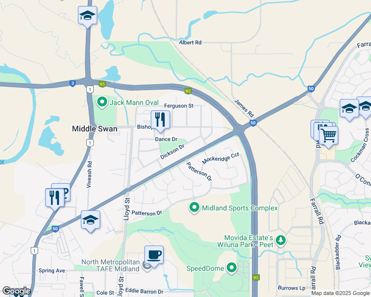 map of restaurants, bars, coffee shops, grocery stores, and more near 16 Dickson Drive in Middle Swan