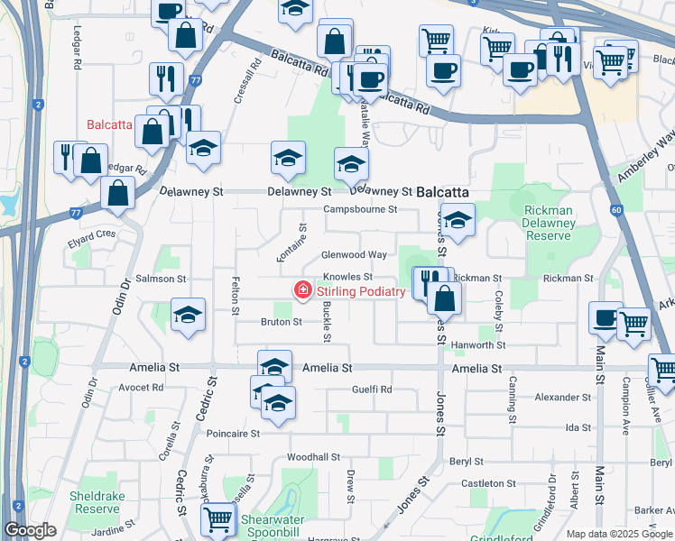 map of restaurants, bars, coffee shops, grocery stores, and more near 37 Knowles Street in Balcatta