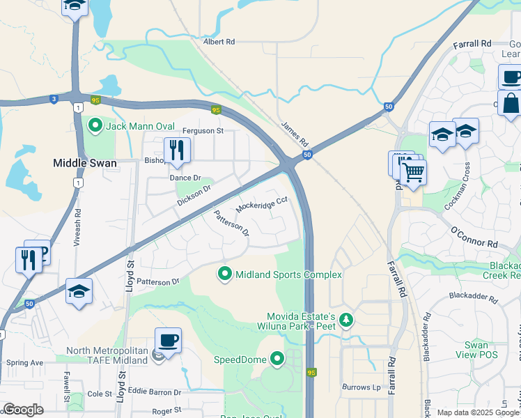 map of restaurants, bars, coffee shops, grocery stores, and more near 18 Mockeridge Circuit in Middle Swan