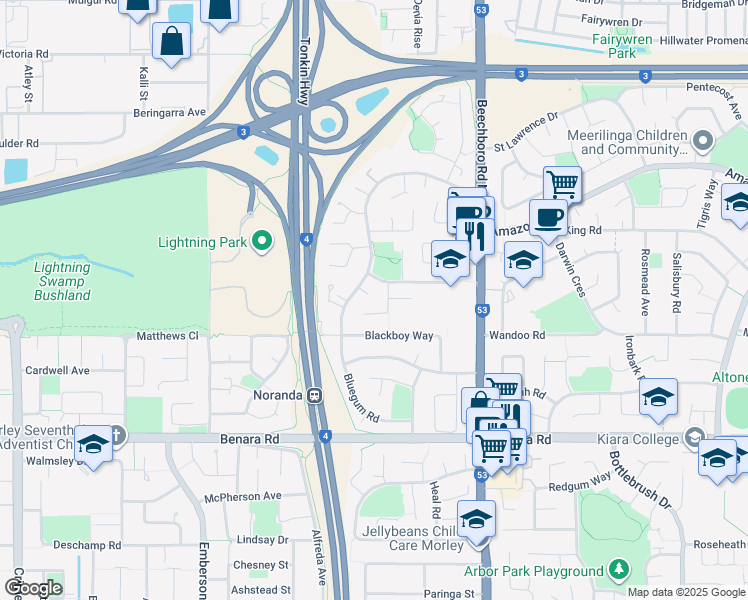 map of restaurants, bars, coffee shops, grocery stores, and more near 6 Fir Court in Beechboro