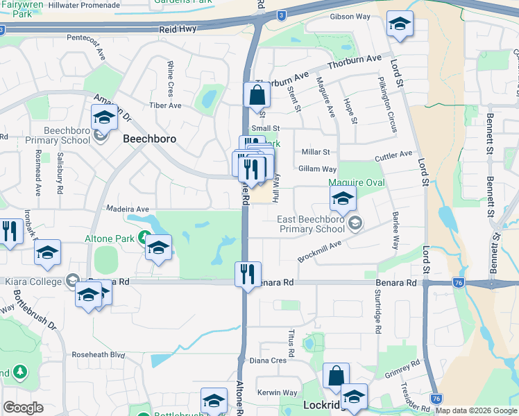 map of restaurants, bars, coffee shops, grocery stores, and more near 6 Hull Way in Beechboro