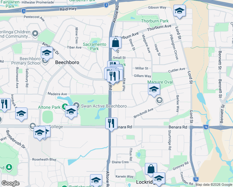 map of restaurants, bars, coffee shops, grocery stores, and more near 6 Hull Way in Beechboro