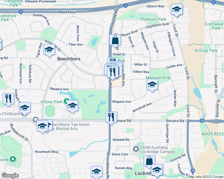 map of restaurants, bars, coffee shops, grocery stores, and more near 155 Altone Road in Beechboro