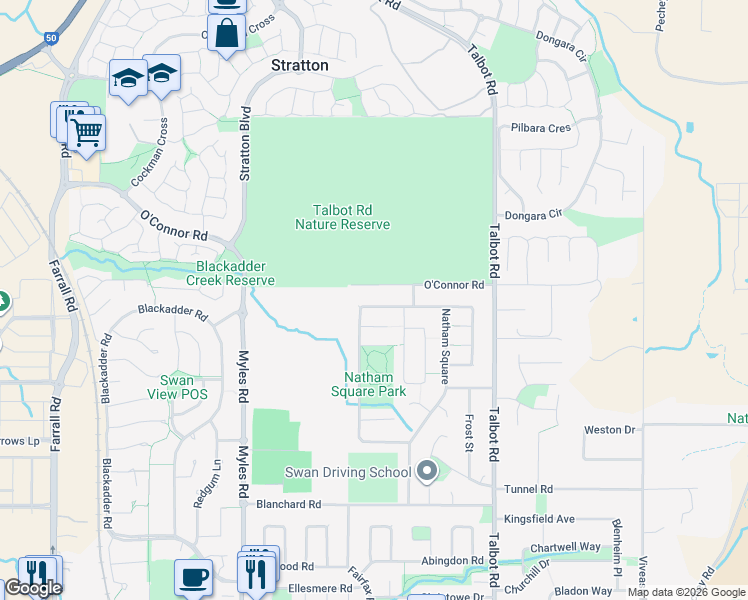 map of restaurants, bars, coffee shops, grocery stores, and more near 149 Natham Square in Swan View