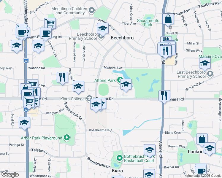 map of restaurants, bars, coffee shops, grocery stores, and more near 332 Benara Road in Beechboro