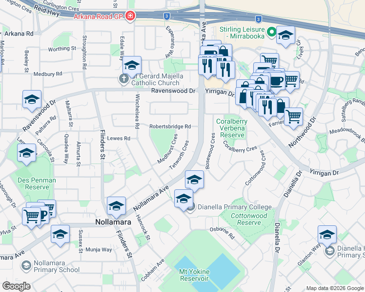 map of restaurants, bars, coffee shops, grocery stores, and more near 33 Tetworth Crescent in Nollamara