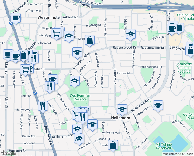 map of restaurants, bars, coffee shops, grocery stores, and more near 26 Quadea Way in Nollamara