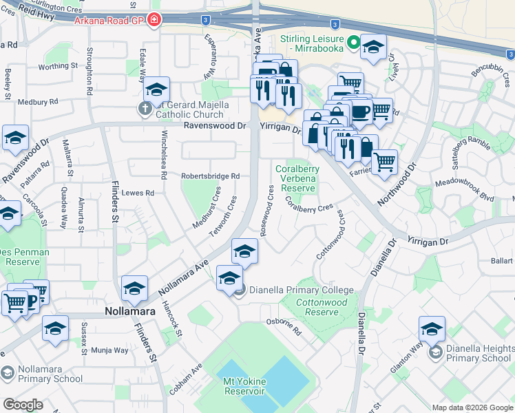 map of restaurants, bars, coffee shops, grocery stores, and more near 210 Nollamara Avenue in Dianella