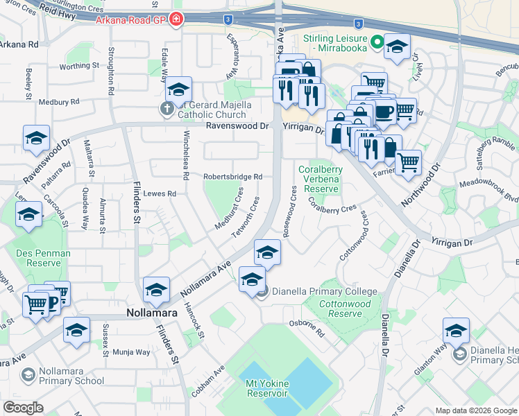 map of restaurants, bars, coffee shops, grocery stores, and more near 34C Tetworth Crescent in Nollamara