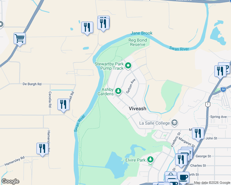 map of restaurants, bars, coffee shops, grocery stores, and more near 23 Bernley Drive in Viveash