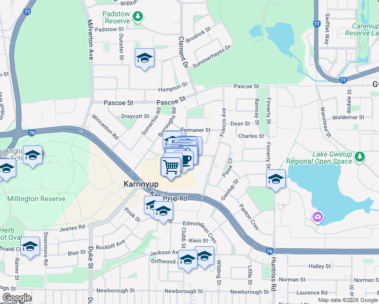 map of restaurants, bars, coffee shops, grocery stores, and more near 34 Davenport Street in Karrinyup