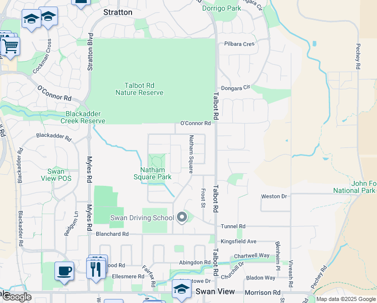 map of restaurants, bars, coffee shops, grocery stores, and more near 38 Natham Square in Swan View