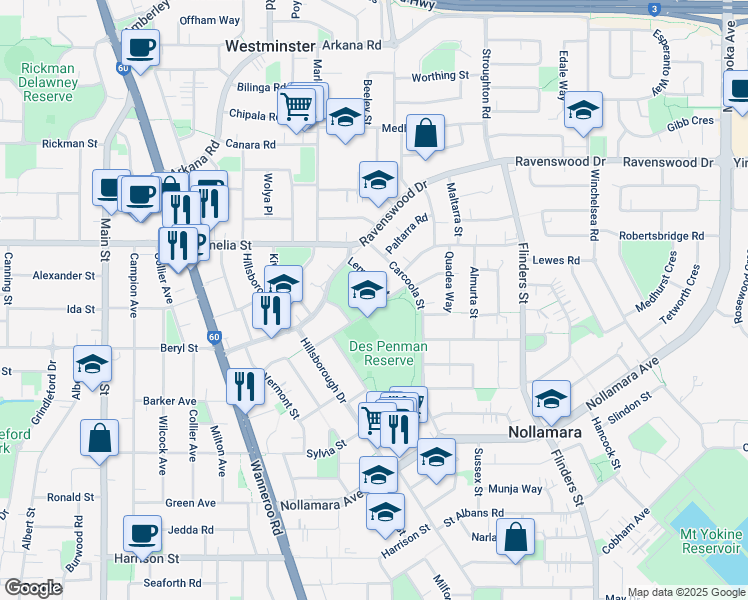 map of restaurants, bars, coffee shops, grocery stores, and more near 11 Lemana Court in Nollamara