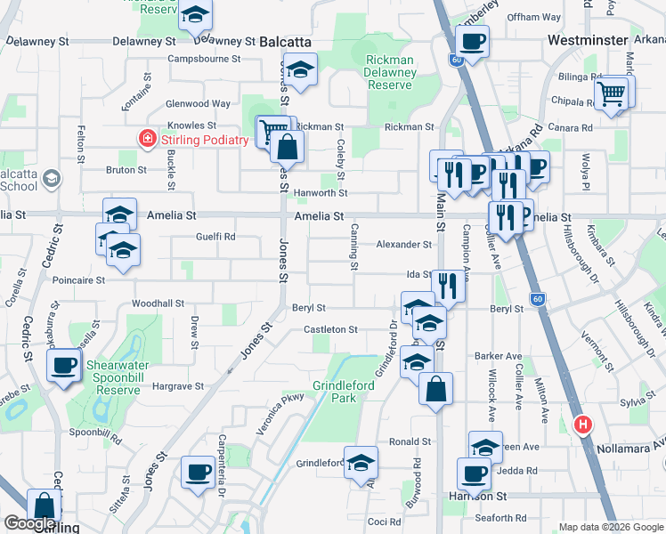map of restaurants, bars, coffee shops, grocery stores, and more near 10 Donnington Road in Balcatta