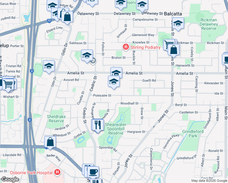 map of restaurants, bars, coffee shops, grocery stores, and more near 31 Poincaire Street in Balcatta