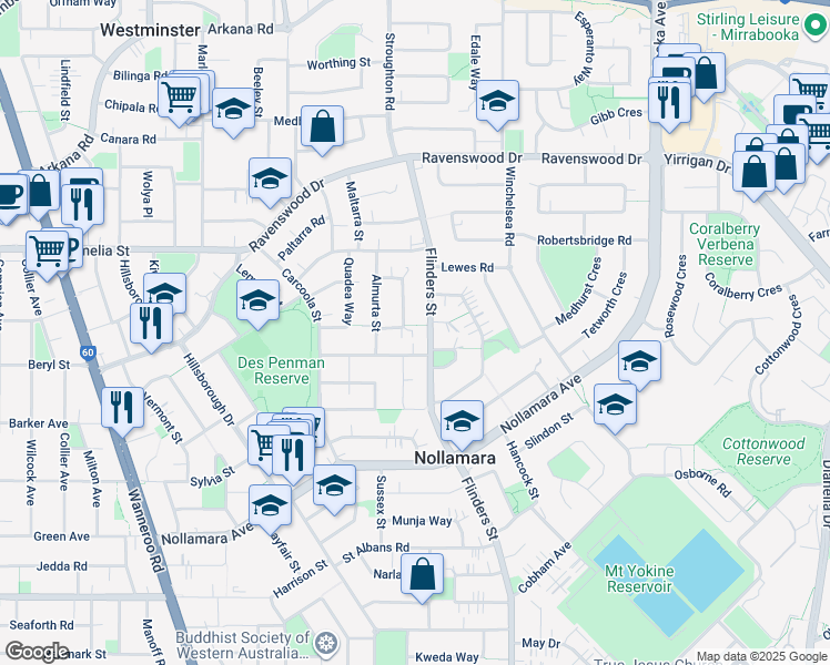 map of restaurants, bars, coffee shops, grocery stores, and more near 31 Almurta Way in Nollamara