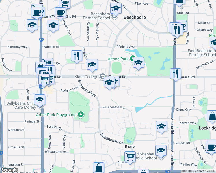 map of restaurants, bars, coffee shops, grocery stores, and more near 368 Benara Road in Kiara