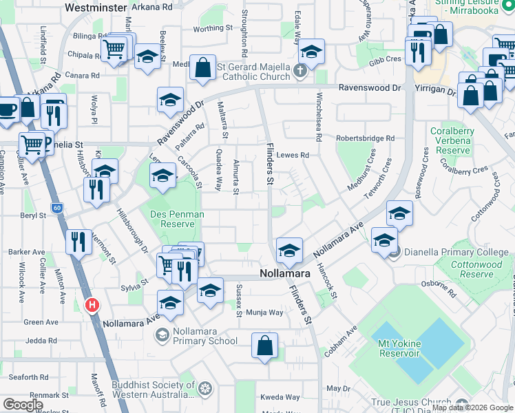 map of restaurants, bars, coffee shops, grocery stores, and more near 27 Ilumba Road in Nollamara
