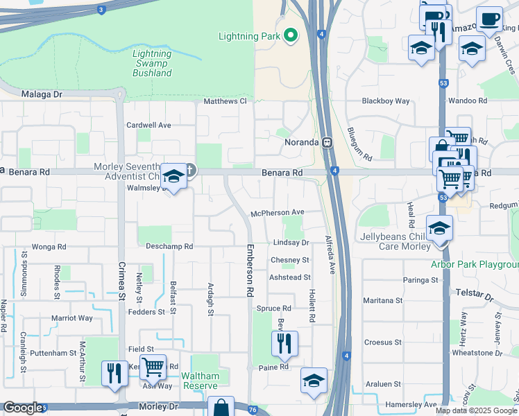 map of restaurants, bars, coffee shops, grocery stores, and more near 7 McPherson Avenue in Noranda