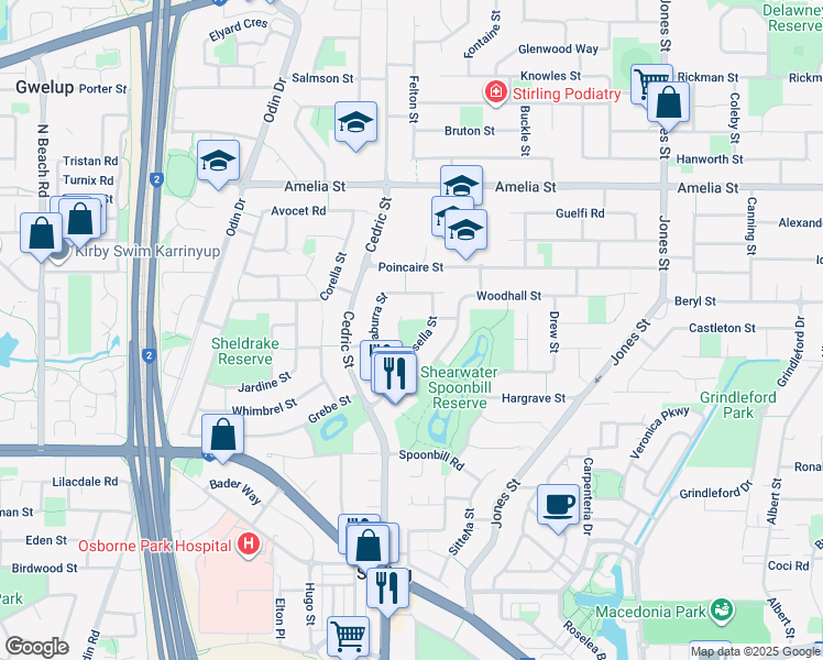 map of restaurants, bars, coffee shops, grocery stores, and more near 20 Rufous Place in Stirling