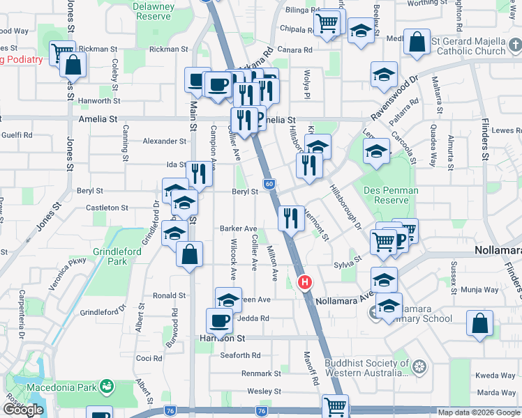 map of restaurants, bars, coffee shops, grocery stores, and more near 36 Collier Avenue in Balcatta