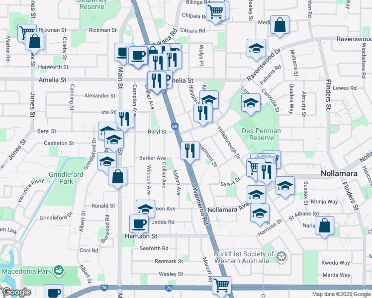 map of restaurants, bars, coffee shops, grocery stores, and more near 324 Wanneroo Road in Nollamara