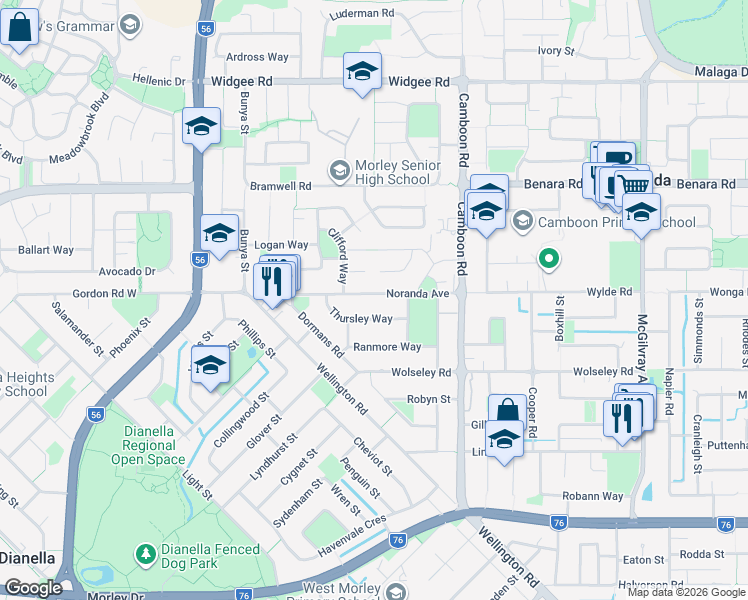 map of restaurants, bars, coffee shops, grocery stores, and more near 33 Noranda Avenue in Morley