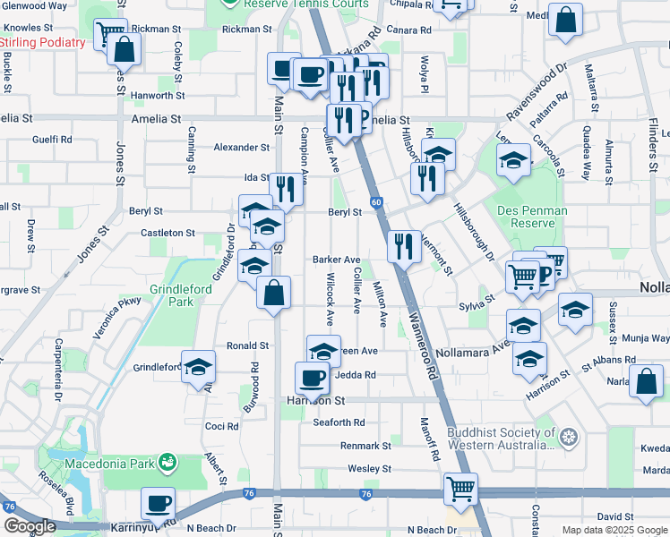 map of restaurants, bars, coffee shops, grocery stores, and more near 28A Wilcock Avenue in Balcatta
