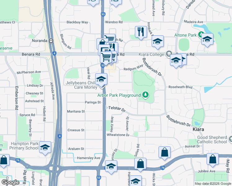 map of restaurants, bars, coffee shops, grocery stores, and more near 15B Elettra Close in Morley