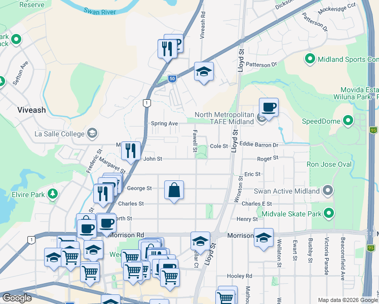map of restaurants, bars, coffee shops, grocery stores, and more near 20 John Street in Midland